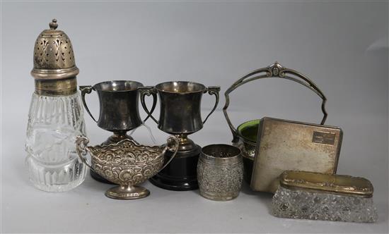 Two silver trophy cups, a cigarette case , a salt etc (8), 9.8oz. weighable